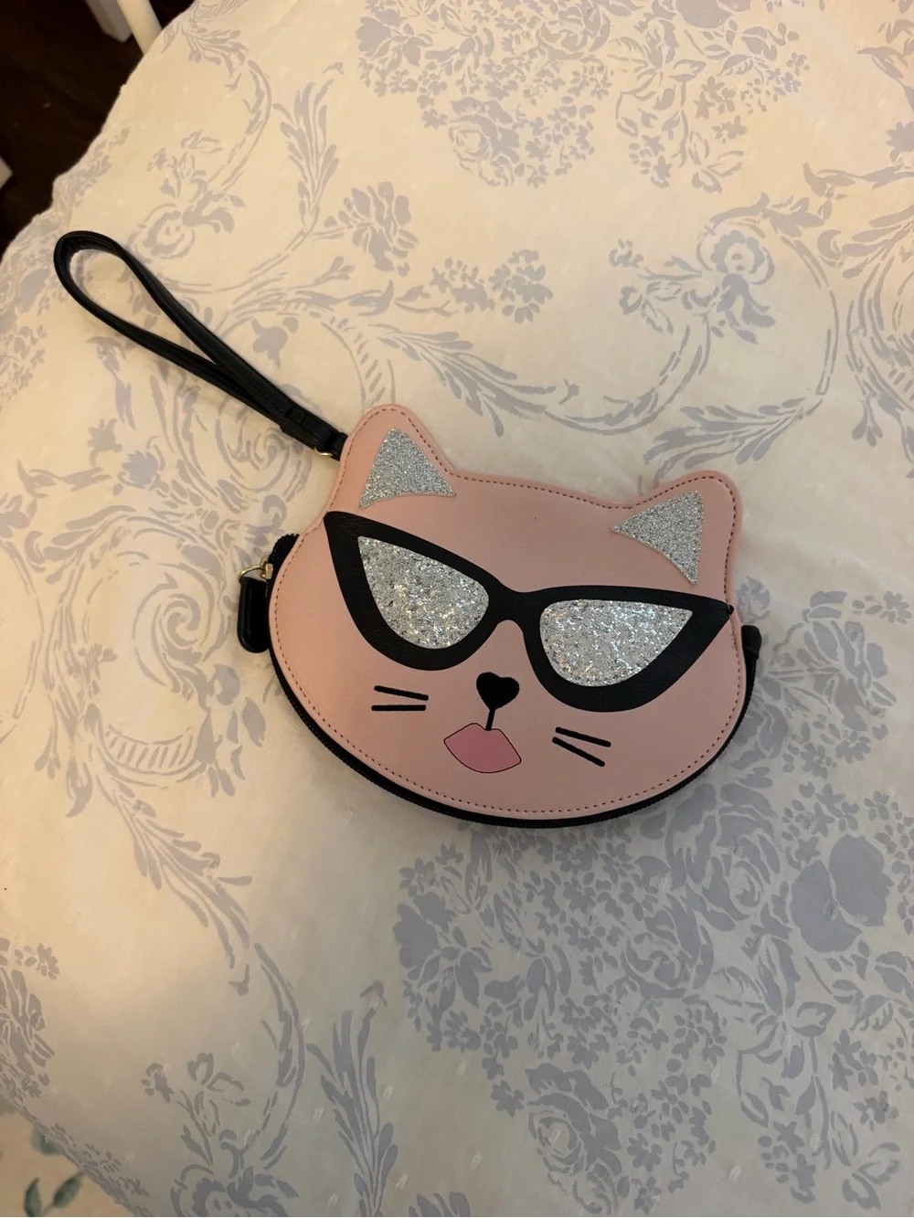 Betsey Johnson Pink Cat Wristlet with Silver Glitter Sunglasses